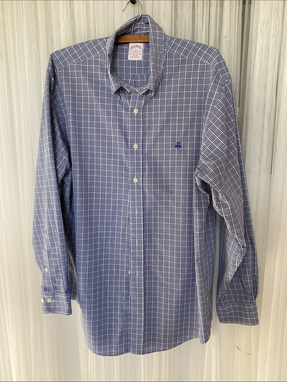 Men’s Brooks Brothers Blue and White Check Button-Down Dress Shirt Size L